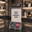 Acrylic countertop display stand holding two sleeves and two pouch cans