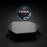 CUBA Cherry nicotine pouch can floating above a magnetic levitating display stand