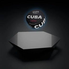 CUBA Cherry nicotine pouch can floating above a magnetic levitating display stand