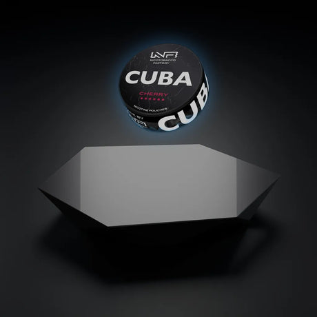 CUBA Cherry nicotine pouch can floating above a magnetic levitating display stand