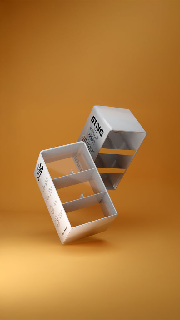 White STNG retail display rack with angled shelves